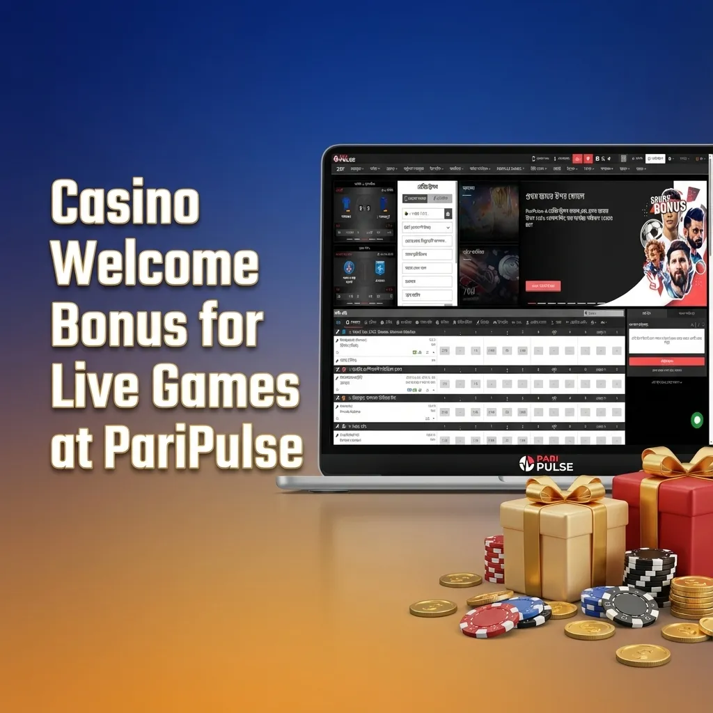 Banner for PariPulse live casino: “100% welcome bonus up to 15,000 BDT” with live dealer tables in the background.