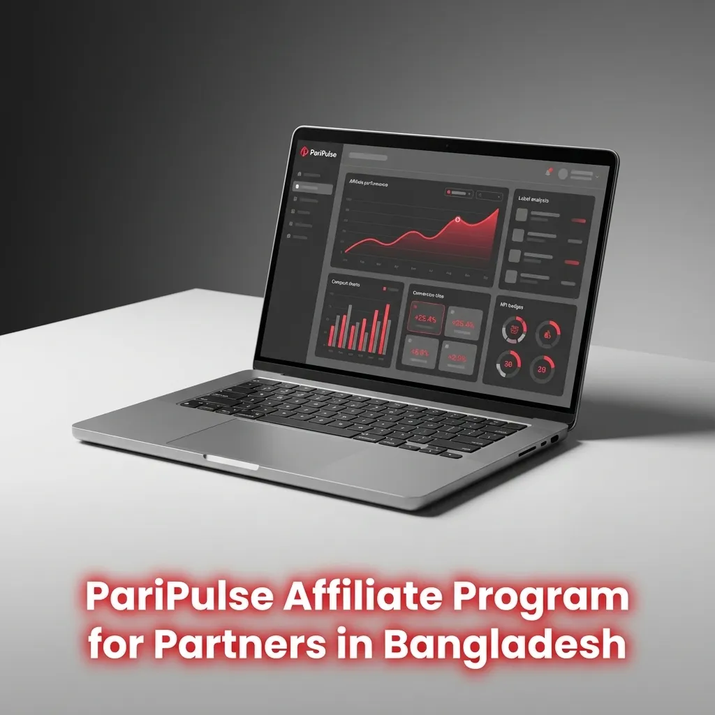 Graphic promoting PariPulse Affiliate Program in Bangladesh with icons for revenue share, CPA, stats panel, and promo tools