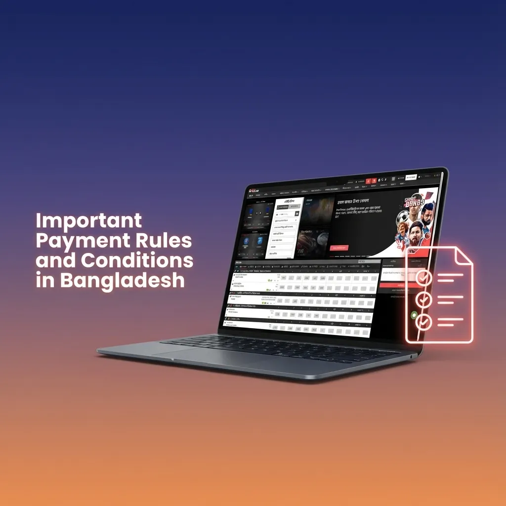 Infographic titled “Important Payment Rules in Bangladesh” listing rules on account ownership, KYC, turnover, limits, and bonuses.
