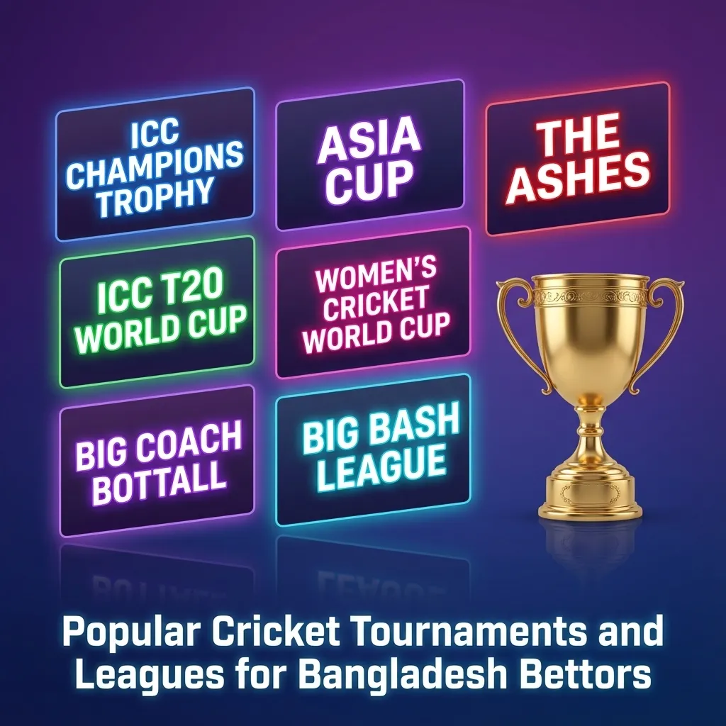 Collage of cricket tournaments and leagues logos with betting odds interface tailored for Bangladesh fans