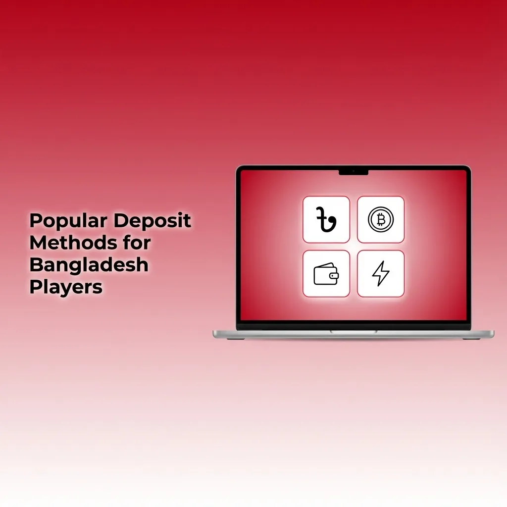 Infographic showing popular Bangladesh deposit methods: bKash, Nagad, local bank transfer, USDT (TRC20), Bitcoin, and Ethereum
