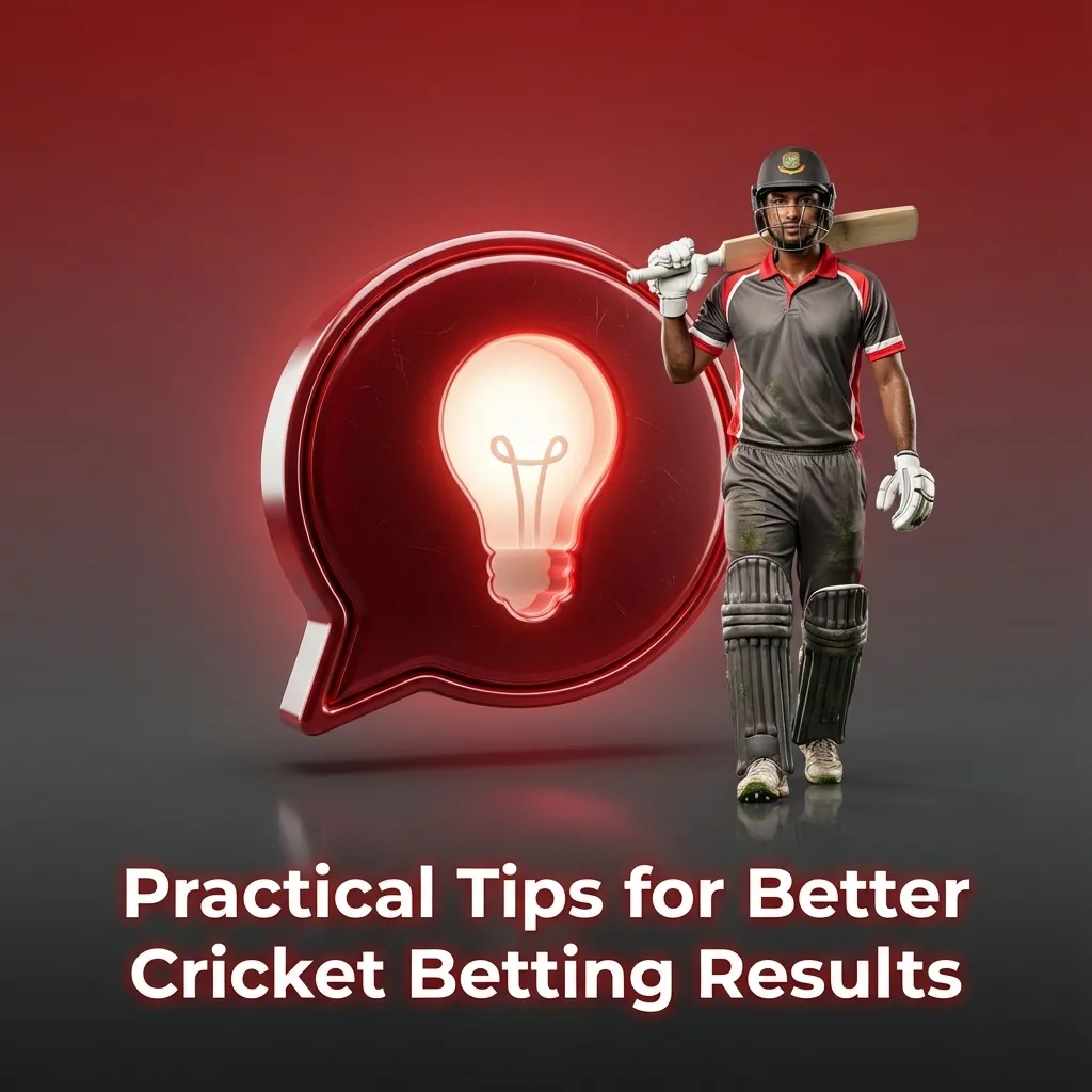 Illustrated guide showing practical cricket betting tips, live odds screen, and icons for stats, bankroll, and weather conditions
