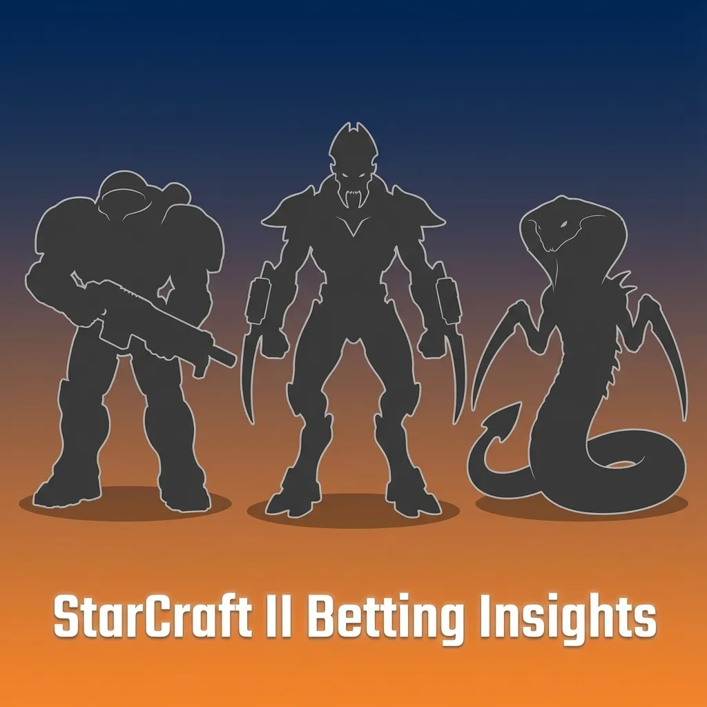 StarCraft II esports betting graphic showing Terran, Zerg, Protoss armies and odds for major tournaments on a dark UI