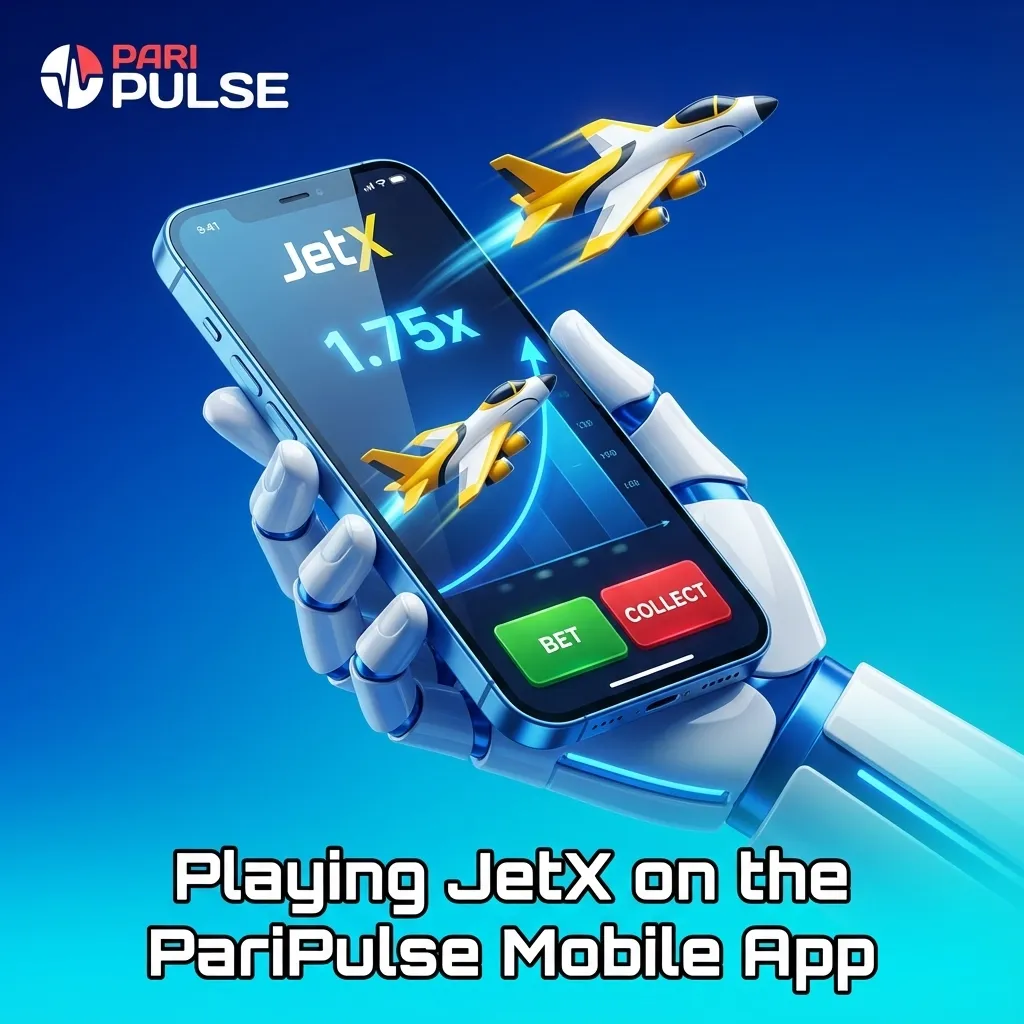 Person using PariPulse JetX mobile app on a smartphone, tapping to cash out in a crash game interface