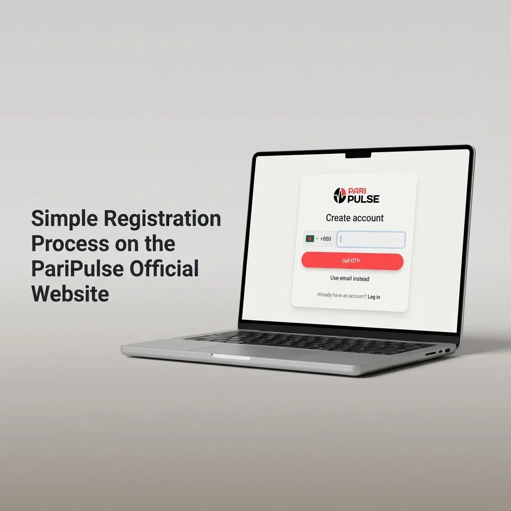 Illustrated step-by-step PariPulse registration guide showing sign-up, form fields, verification, and access to betting features