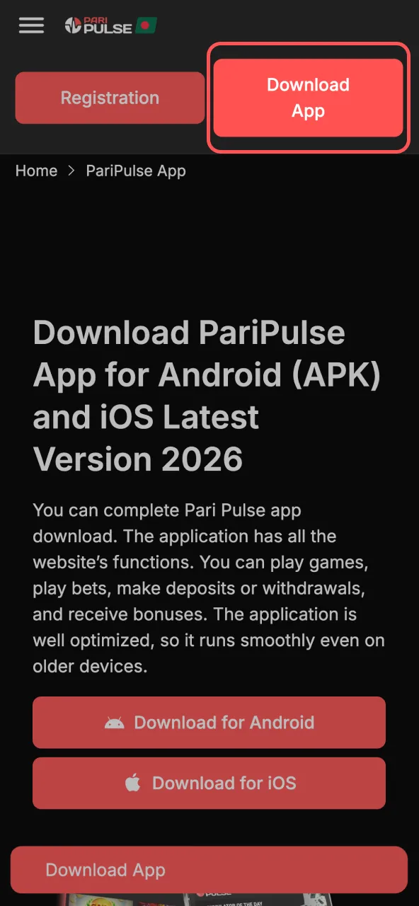 Press the Download App button to get the app from the Paripulse website.