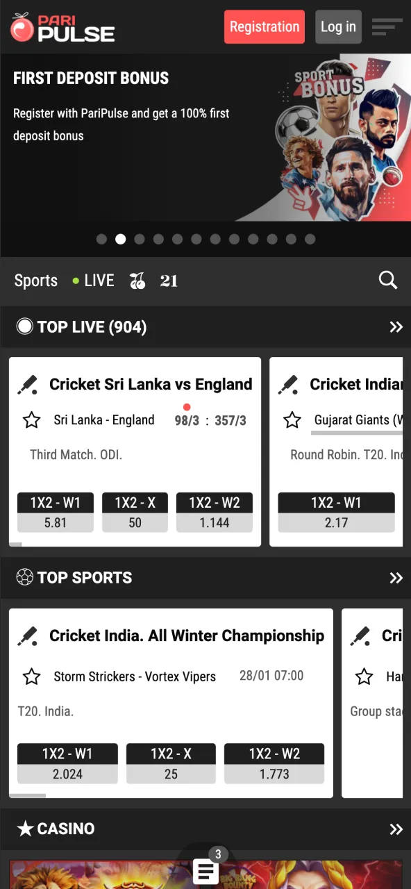 Paripulse homepage presents sports action and diverse gaming choices.