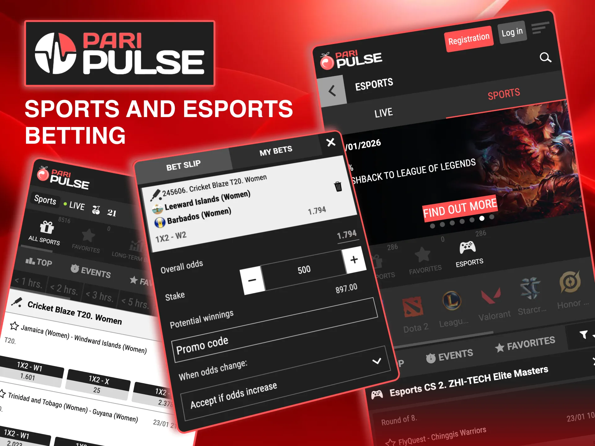 Bet on cricket, football, and esports like League of Legends through the Paripulse app.