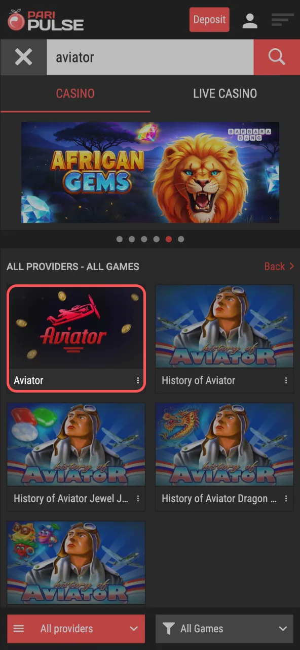 Access Aviator in Paripulse crash games category.