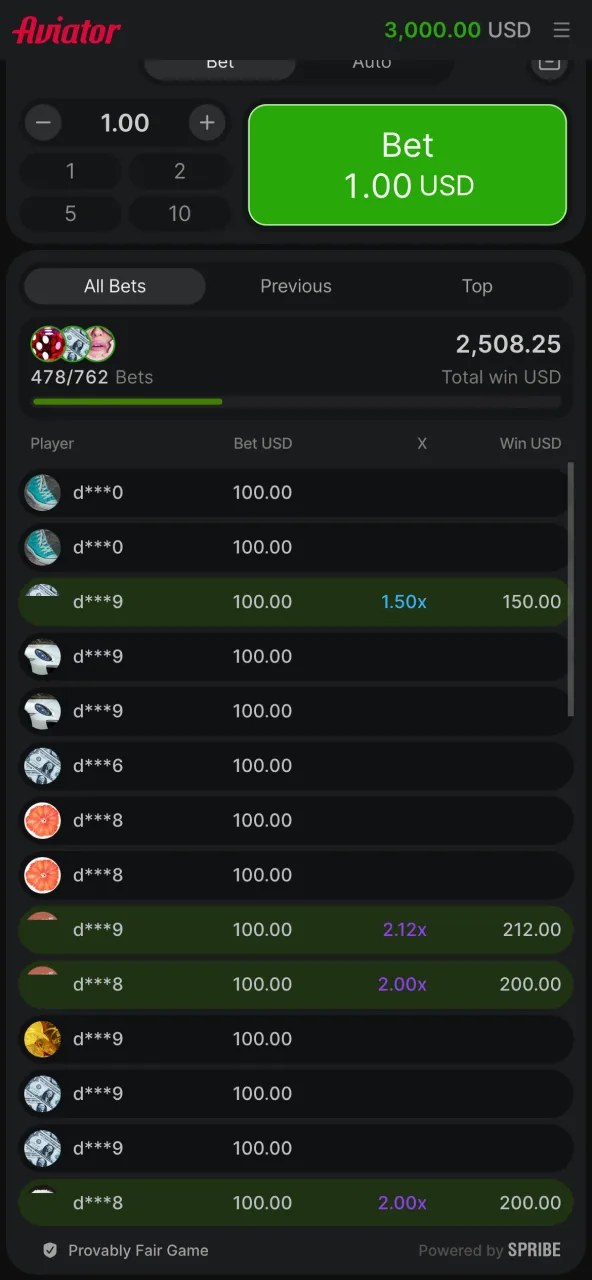 Paripulse Aviator shows active stakes from users.