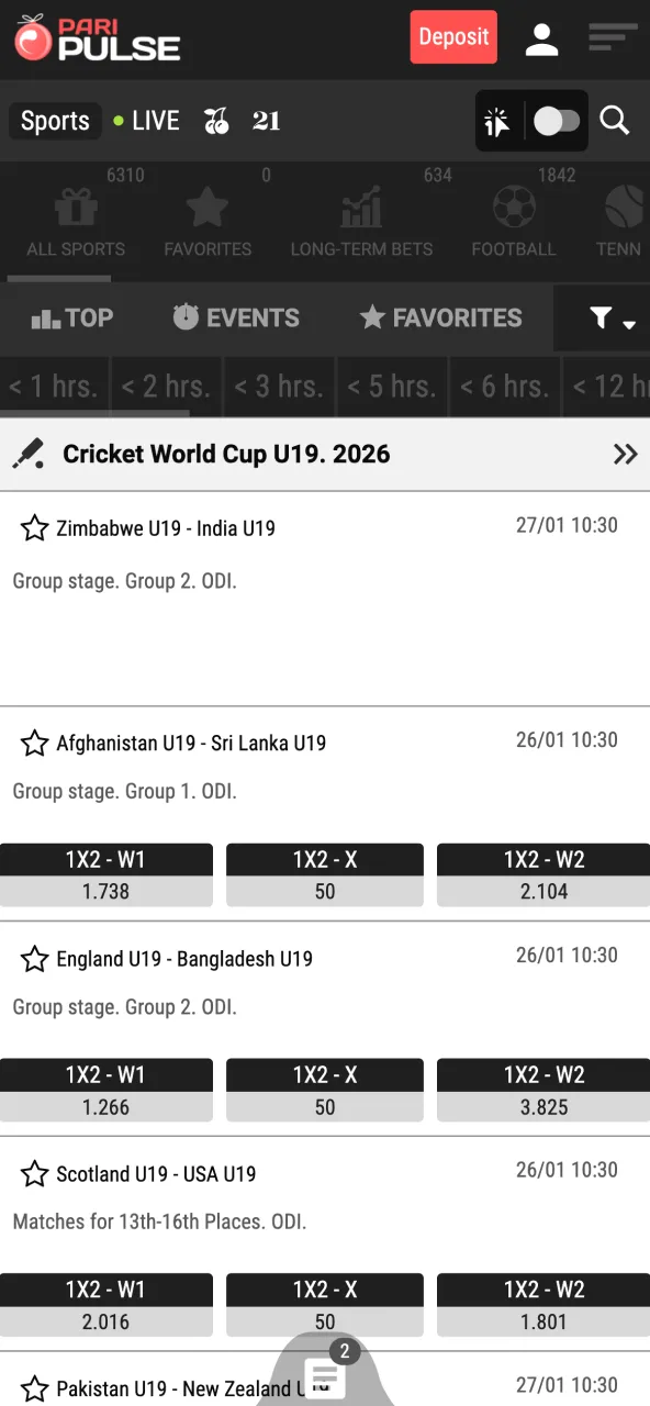 Filter Paripulse sports by cricket tournaments to find matches.