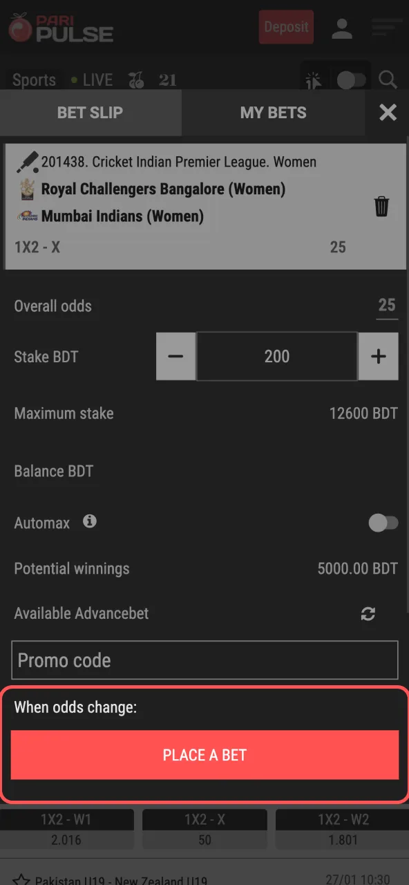 Review and confirm Paripulse bet, then watch match progress.