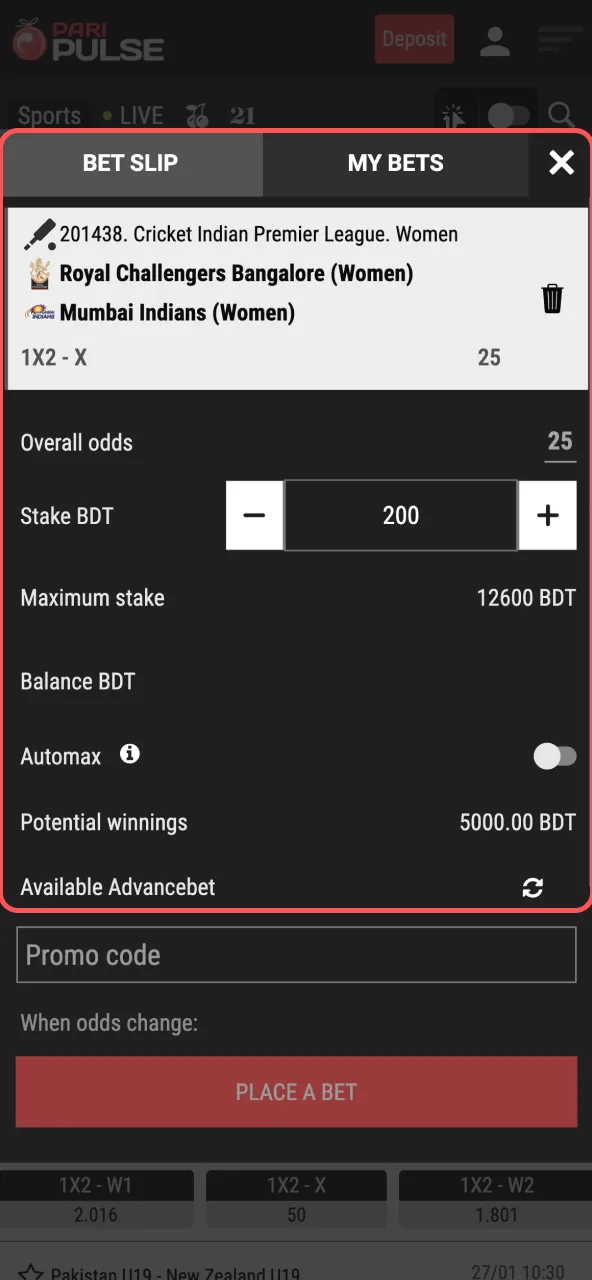 Enter BDT stake on Paripulse and view possible payout.