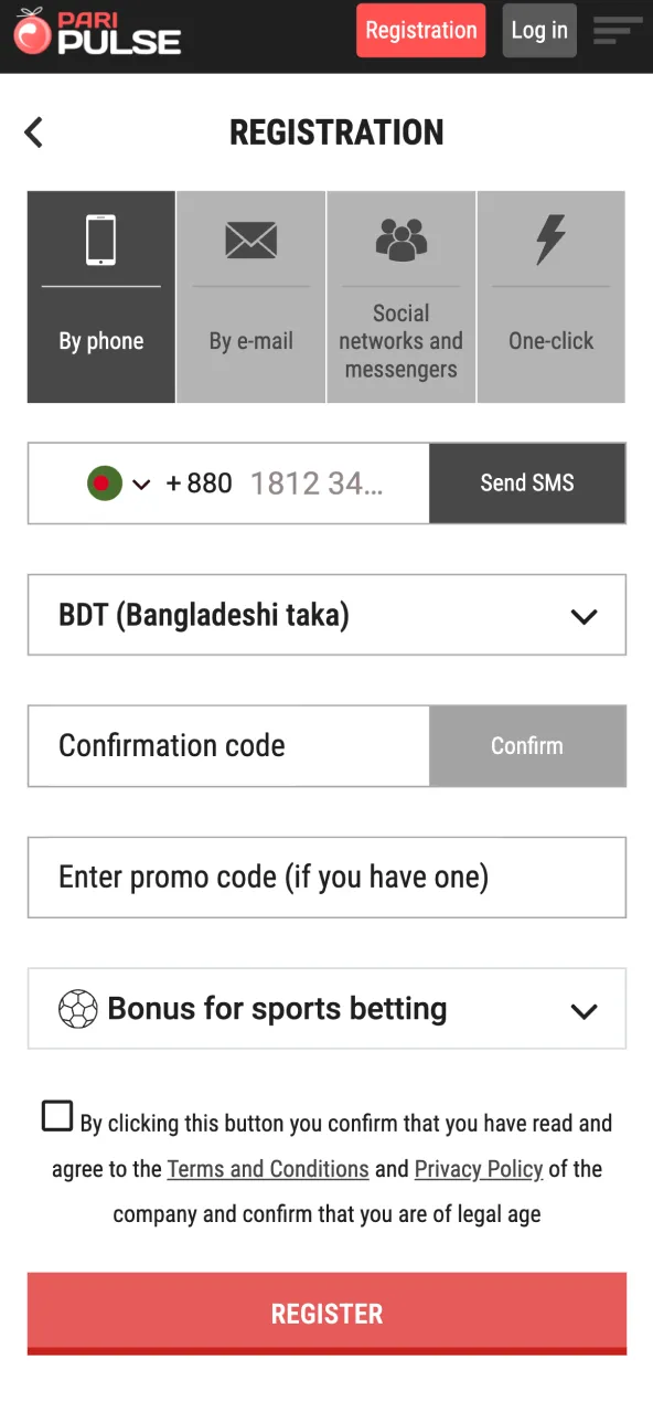 Register your Paripulse betting account by tapping Sign Up in Bangladesh.