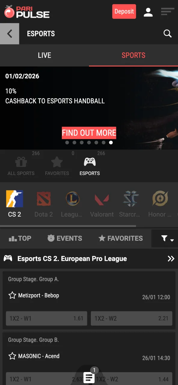Open Paripulse main menu and select esports category.