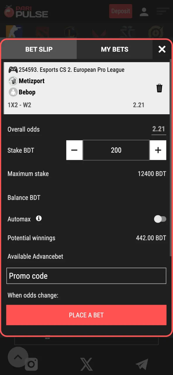 Enter stake amount in Paripulse slip and finalize bet.