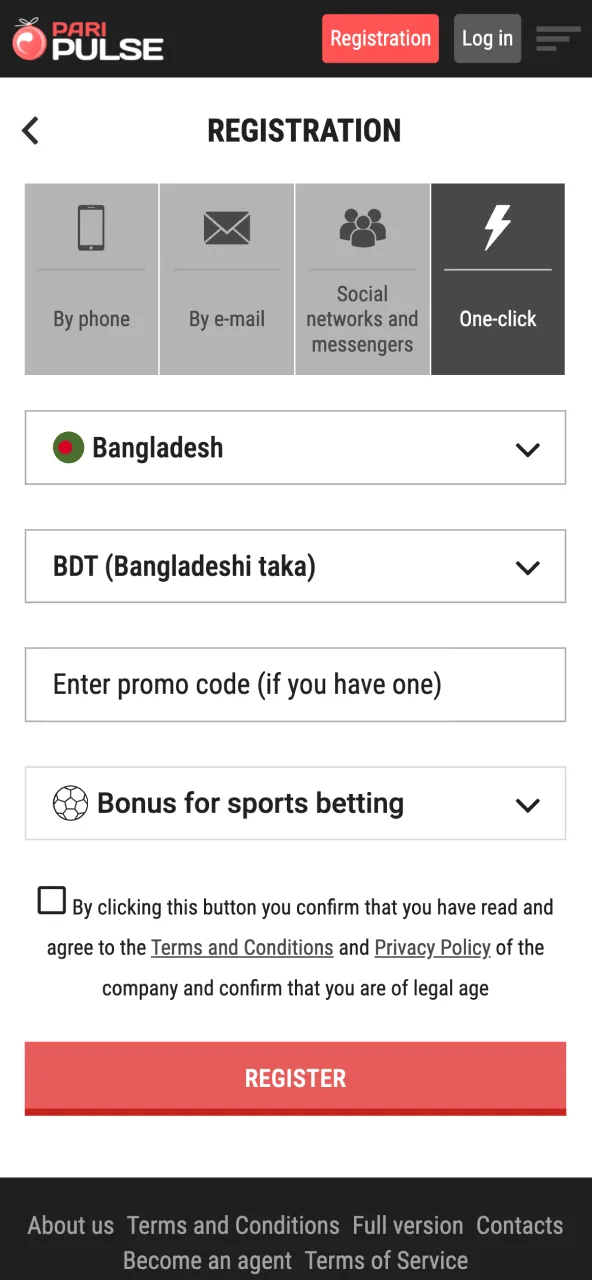 Register on Paripulse website to activate your betting account.