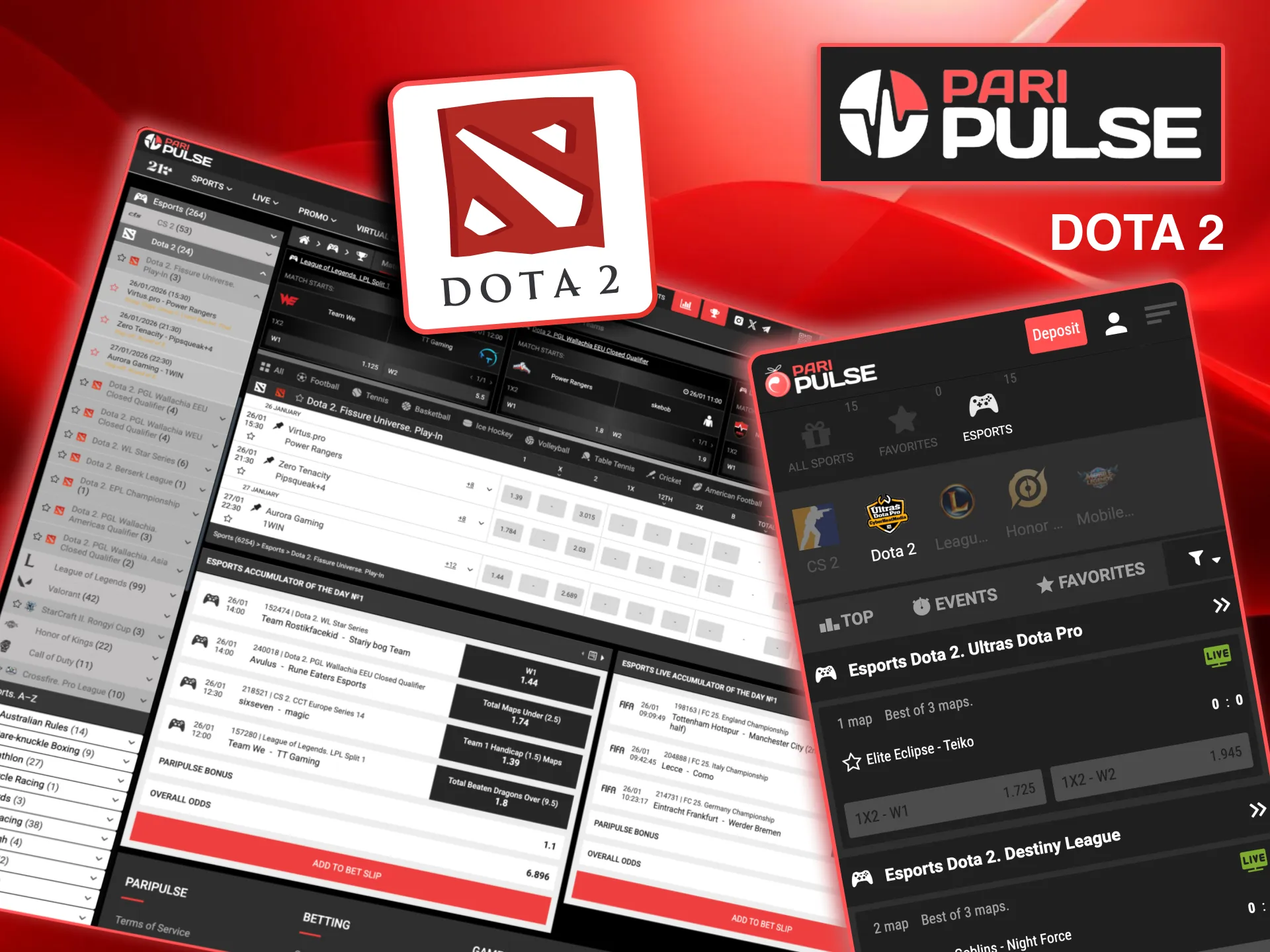 Bet on Paripulse Dota 2 tournaments like The International and DreamLeague.