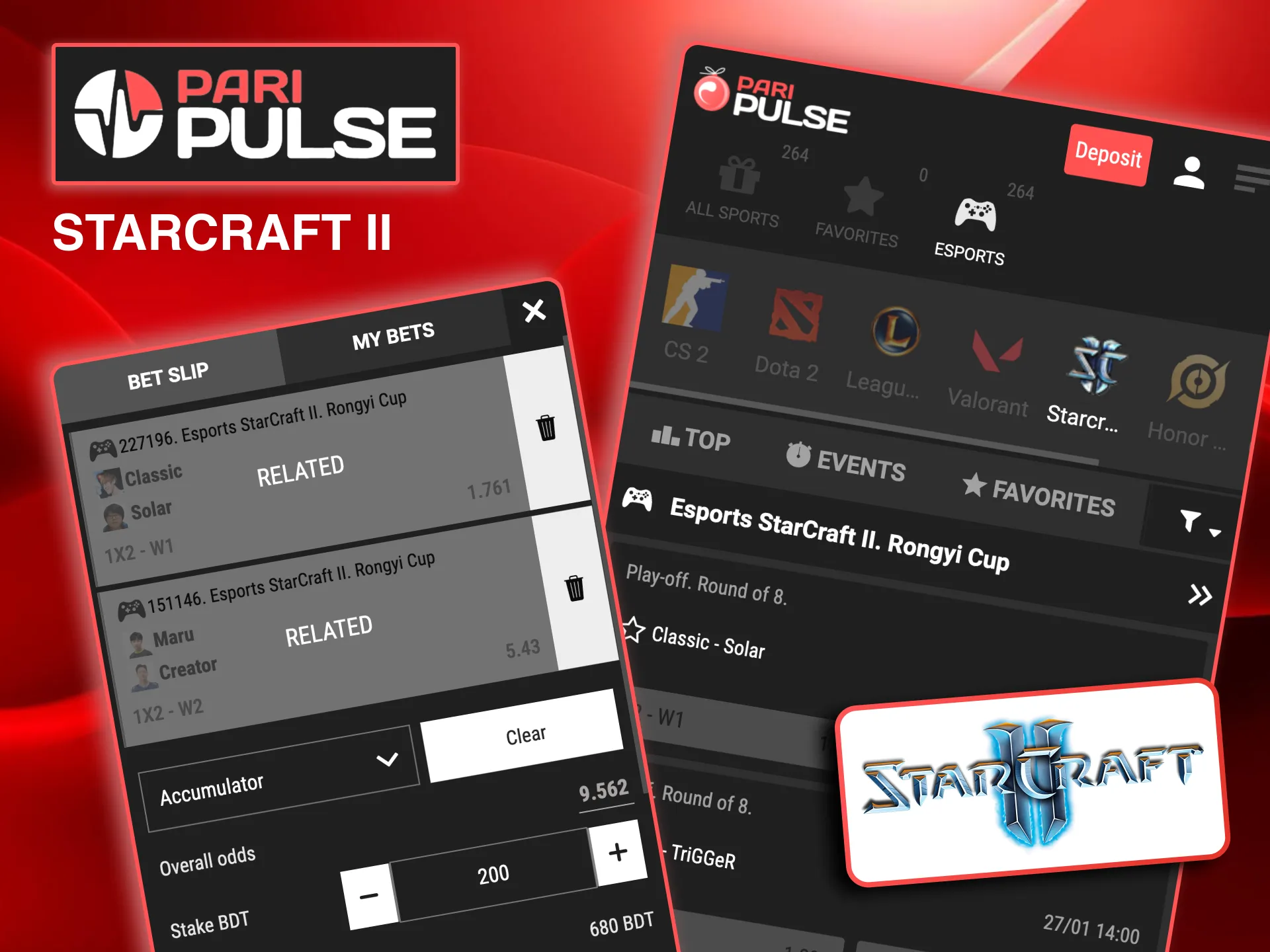 Paripulse offers StarCraft II betting on match winners and map scores.