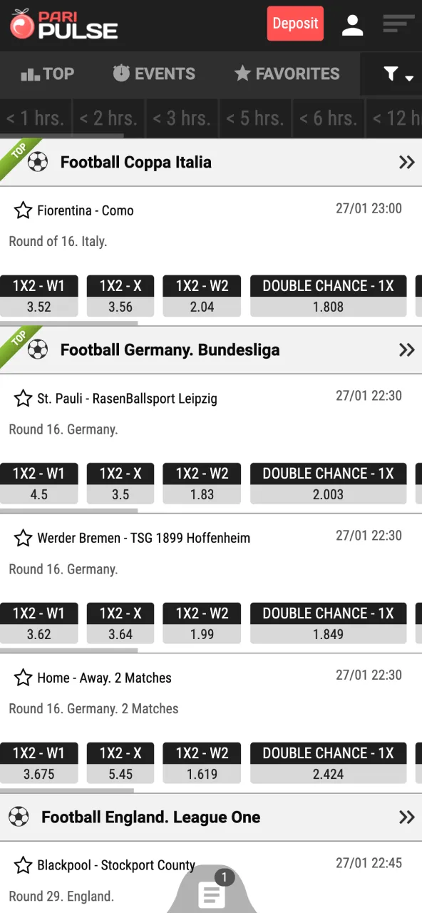Browse Paripulse football section to select league and match.