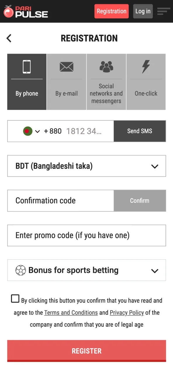 Register on Paripulse with SMS or email code confirmation.