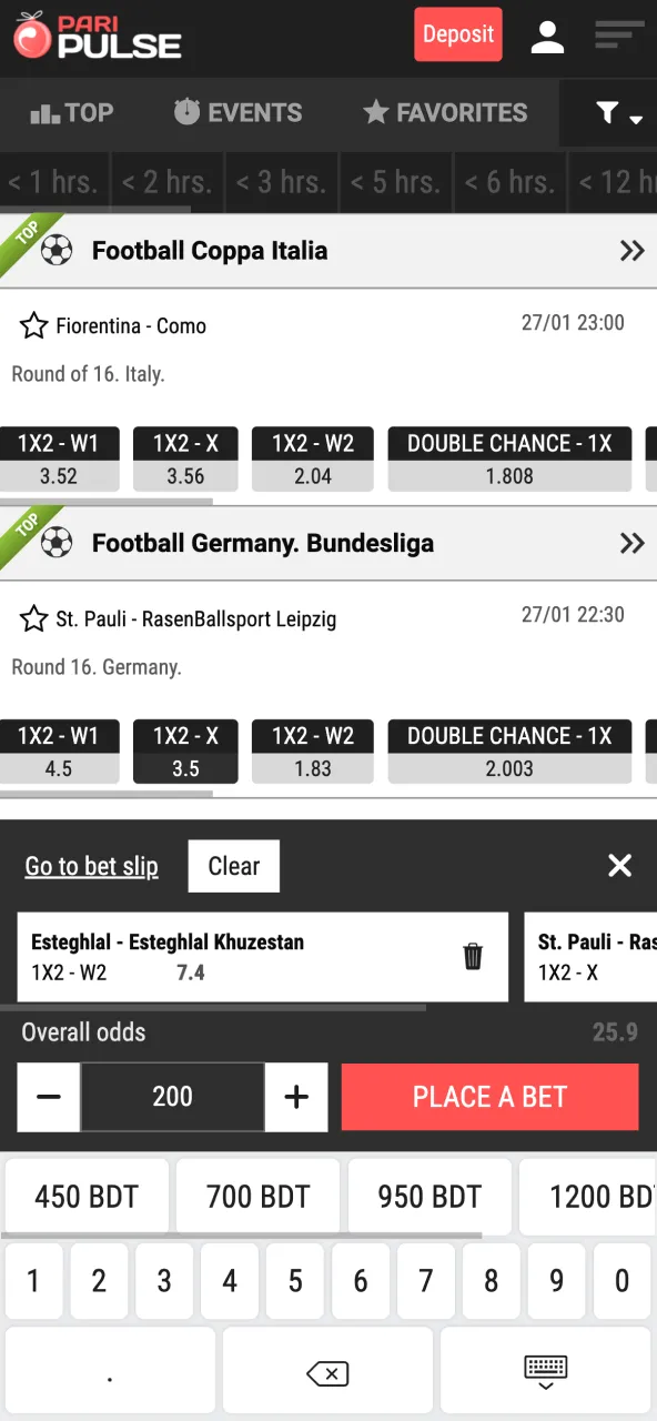 Add chosen Paripulse bet types like handicap or correct score to slip.