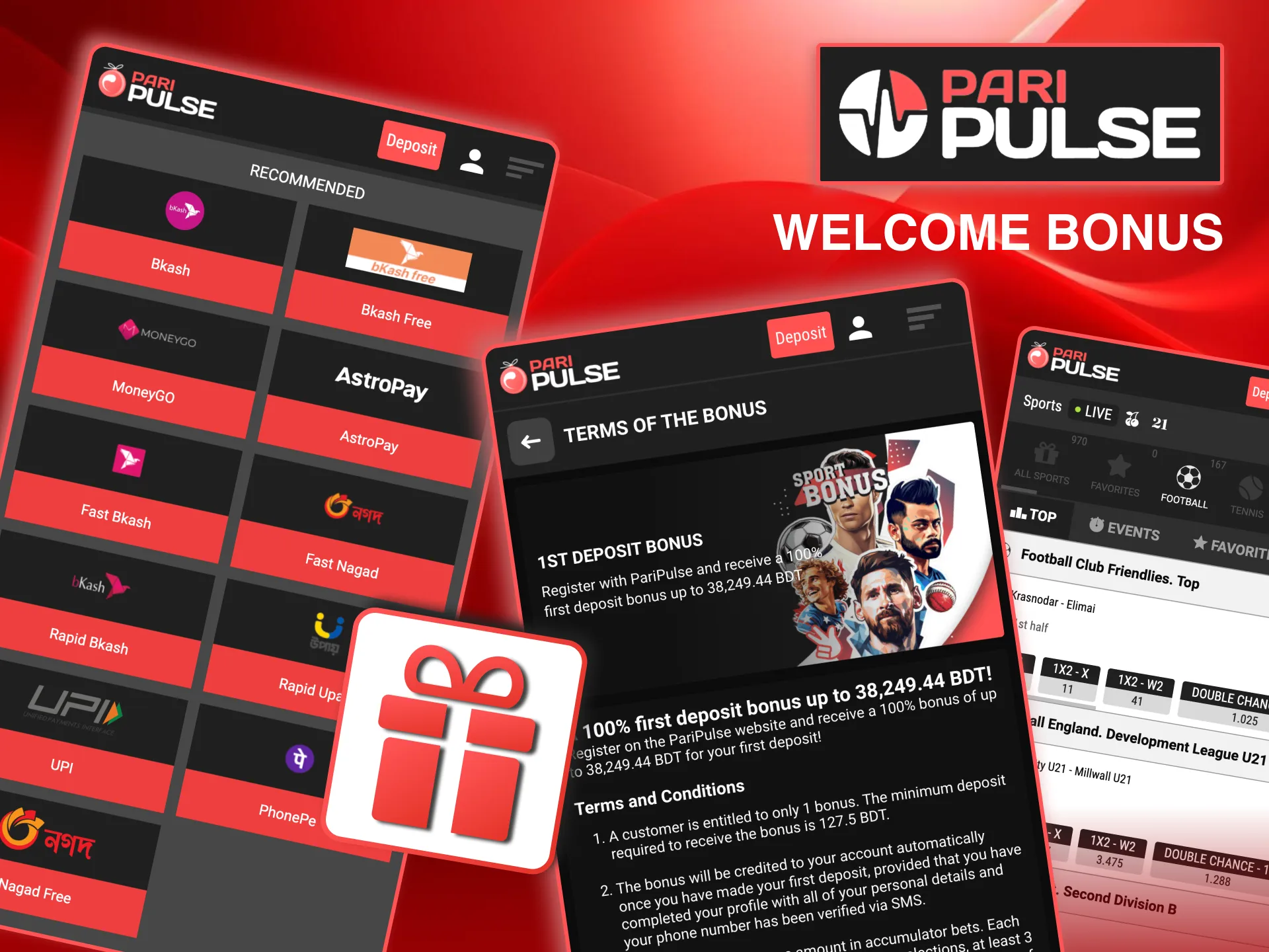 Claim Paripulse welcome bonus with first deposit of at least 500 BDT.