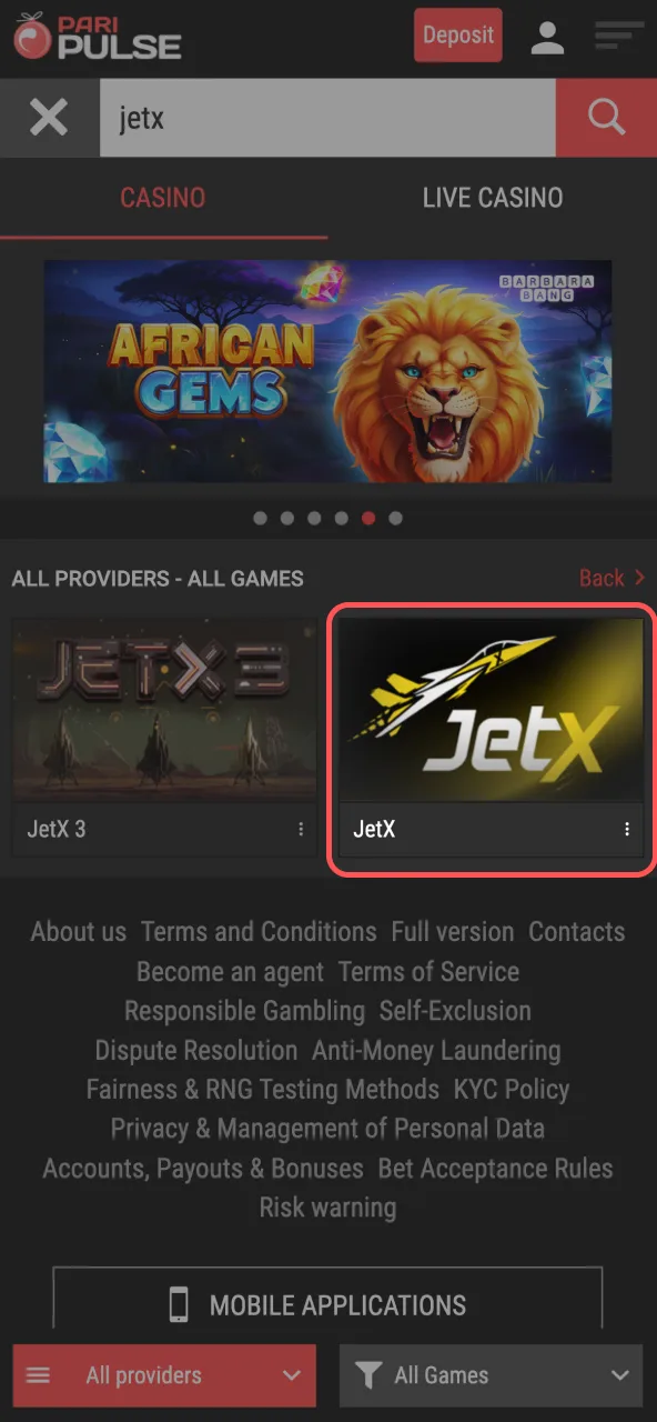 Launch JetX from crash games section on Paripulse.