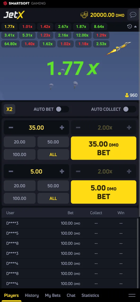 Paripulse JetX history screen with multipliers from earlier rounds.