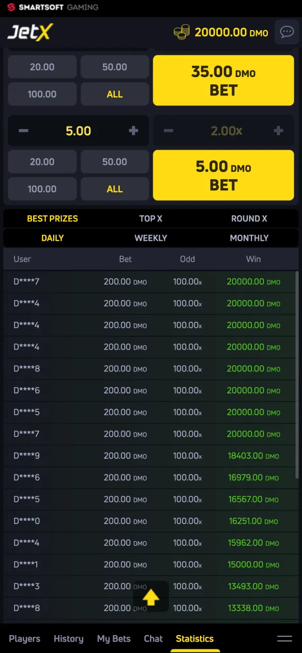 Player results and crash game analytics in Paripulse JetX.