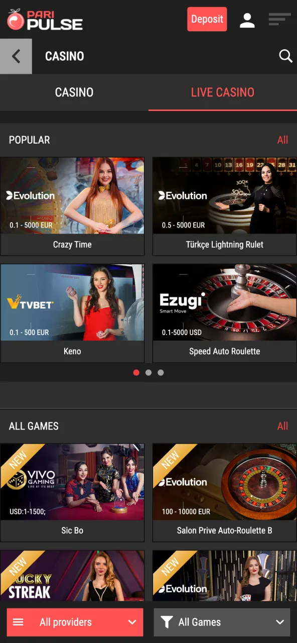 Live section entry page on Paripulse with options to explore different game providers.
