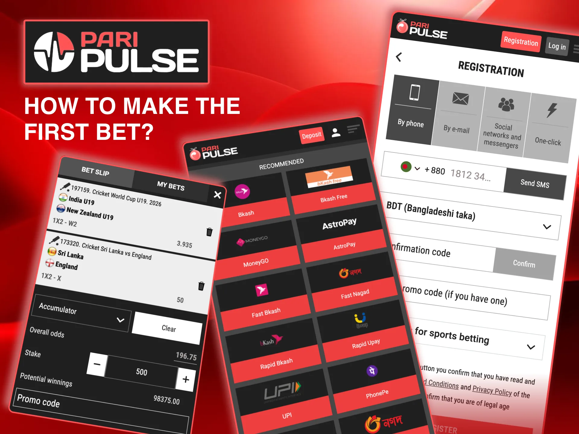 To bet on Paripulse, register, deposit, choose a match, and confirm your bet.