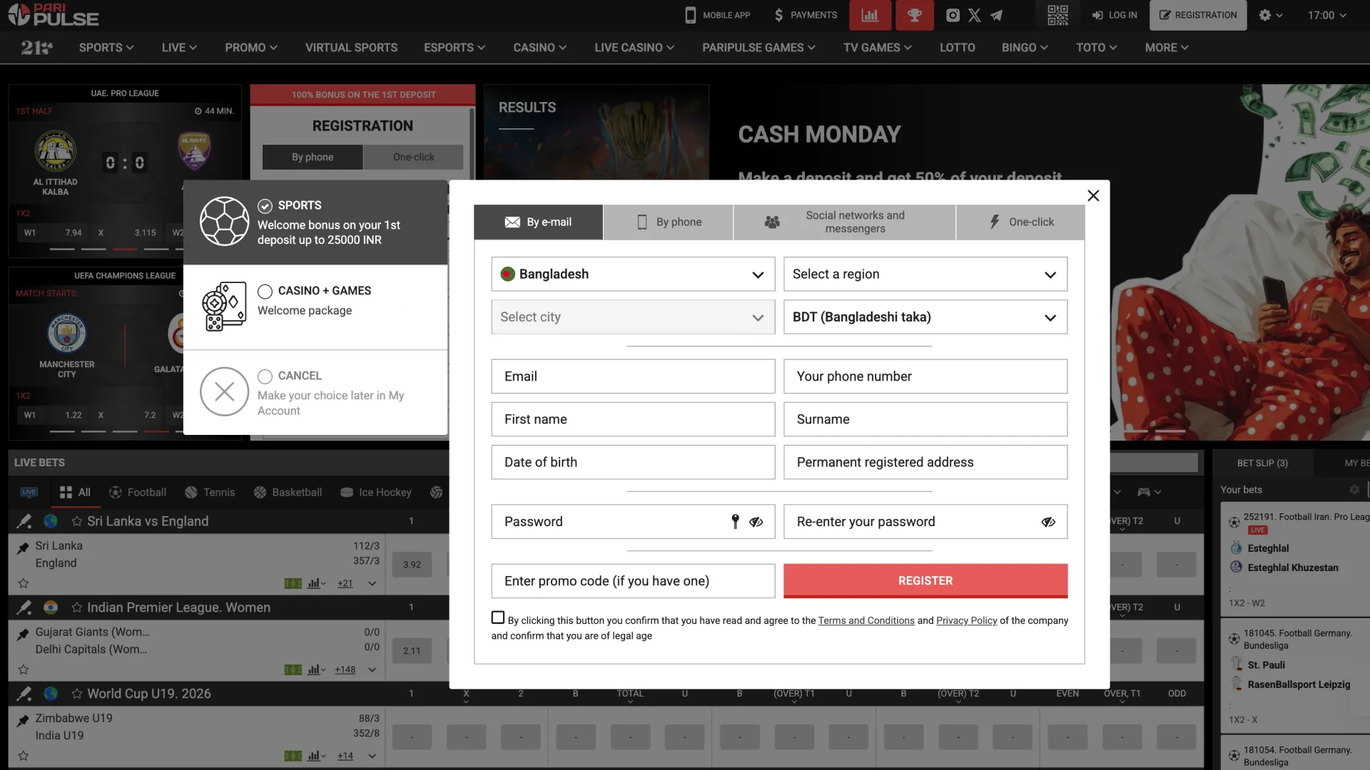 Paripulse registration page invites users to join sports and games.