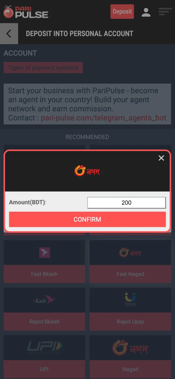 Enter deposit details on Paripulse using Bkash, Nagad, or crypto wallet options.