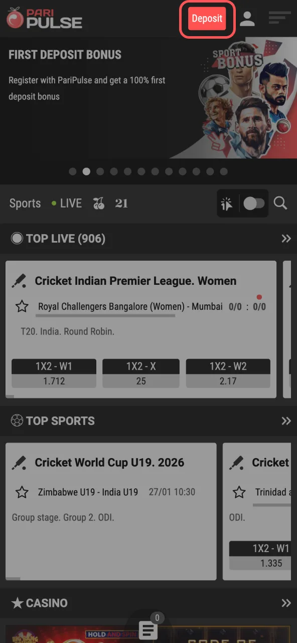Cashier screen on Paripulse with currency-specific deposit options.