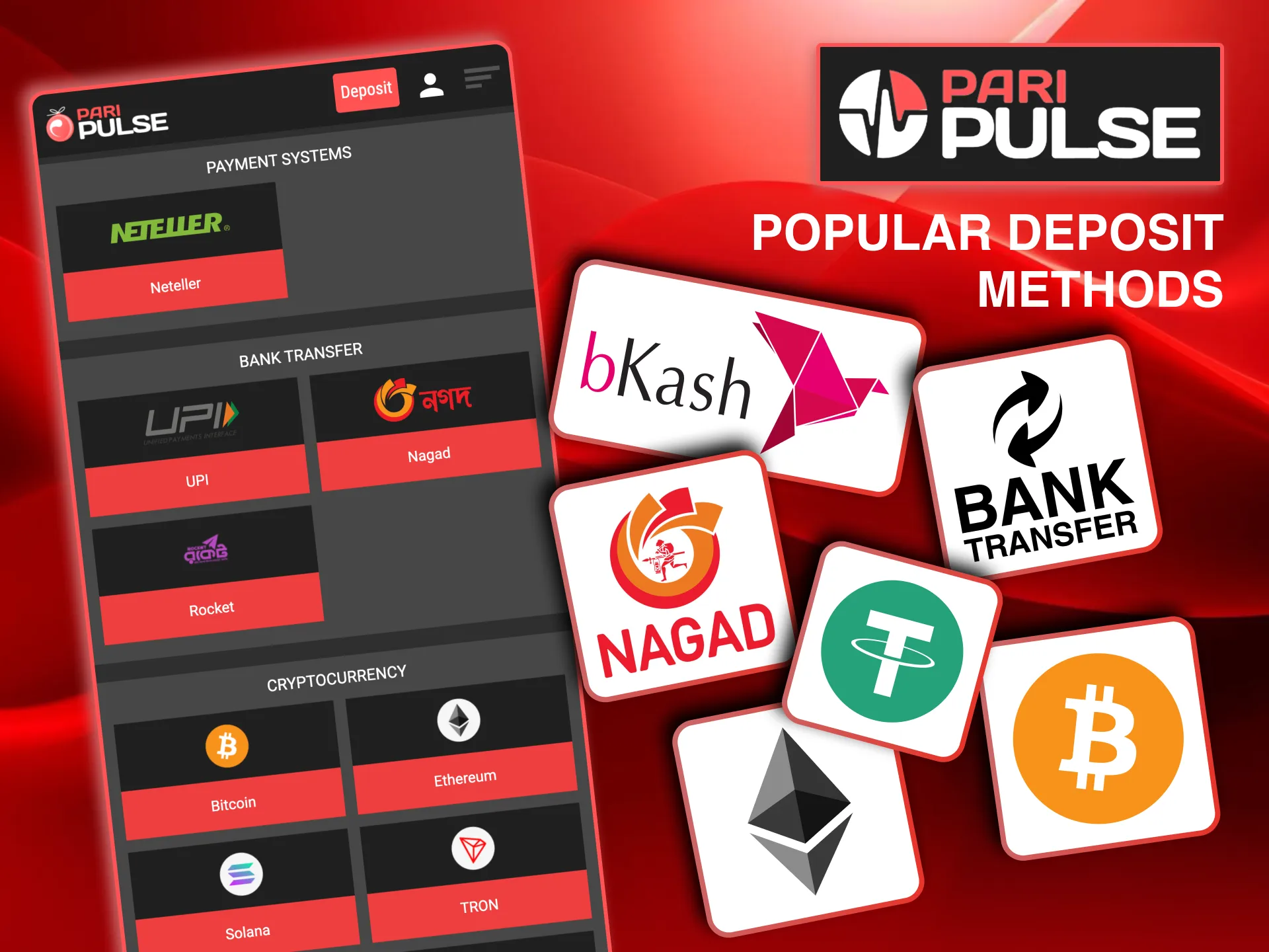 Popular payment methods in Bangladesh including mobile wallets and cryptocurrencies on Paripulse.