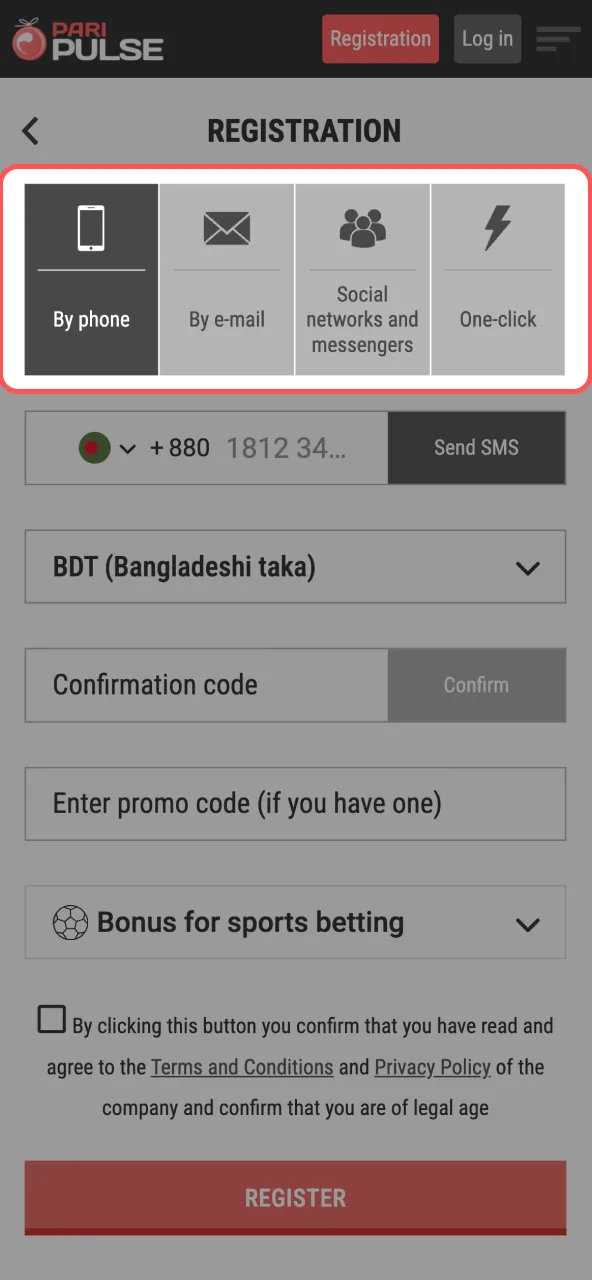 Paripulse registration screen showing one-click, phone, email, and social media options.