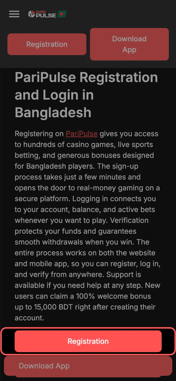 Paripulse homepage button prompting users to open the site.