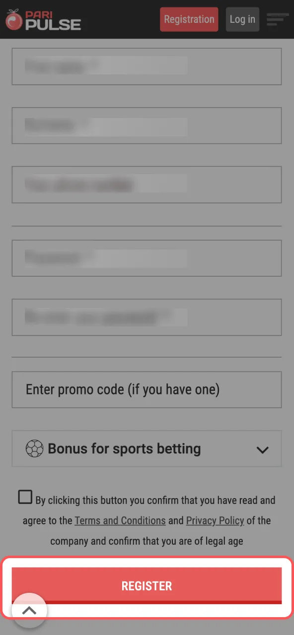 Paripulse registration screen showing final confirmation button to complete sign-up.