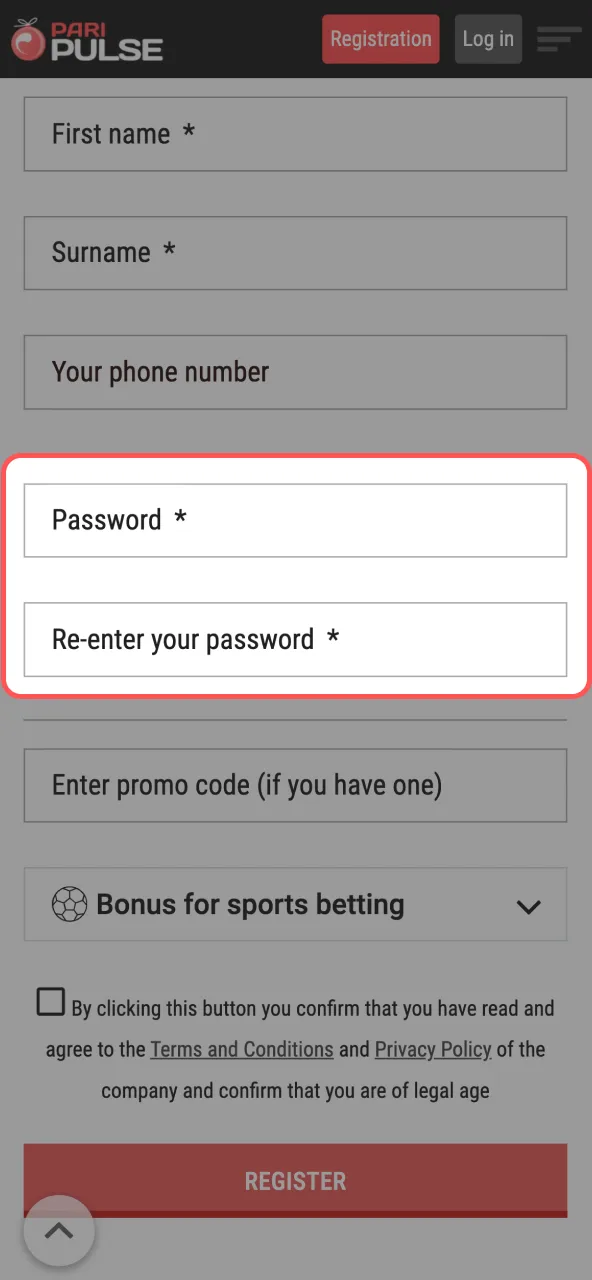 Password setup page on Paripulse with input field for new account security.