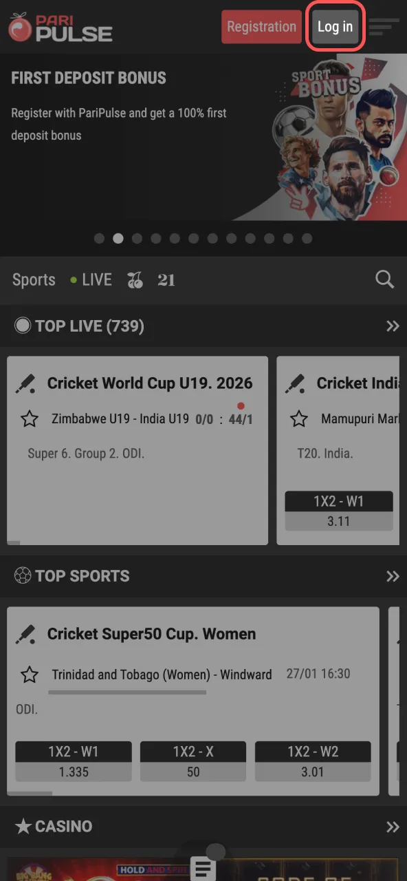 Homepage view on Paripulse with login button displayed below.
