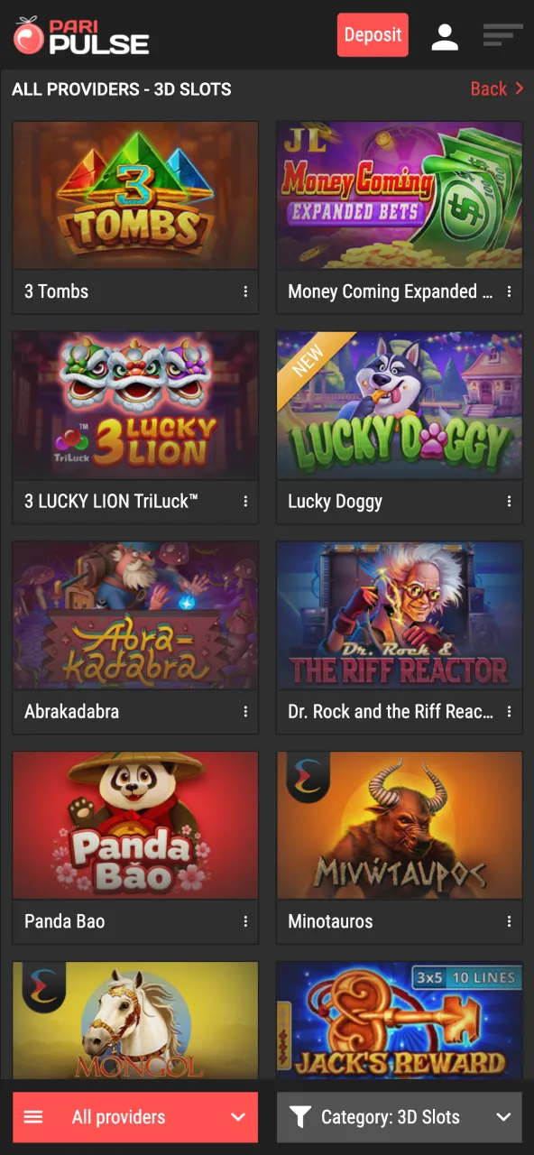 Paripulse slot lobby screen showing game thumbnails ready to be launched.