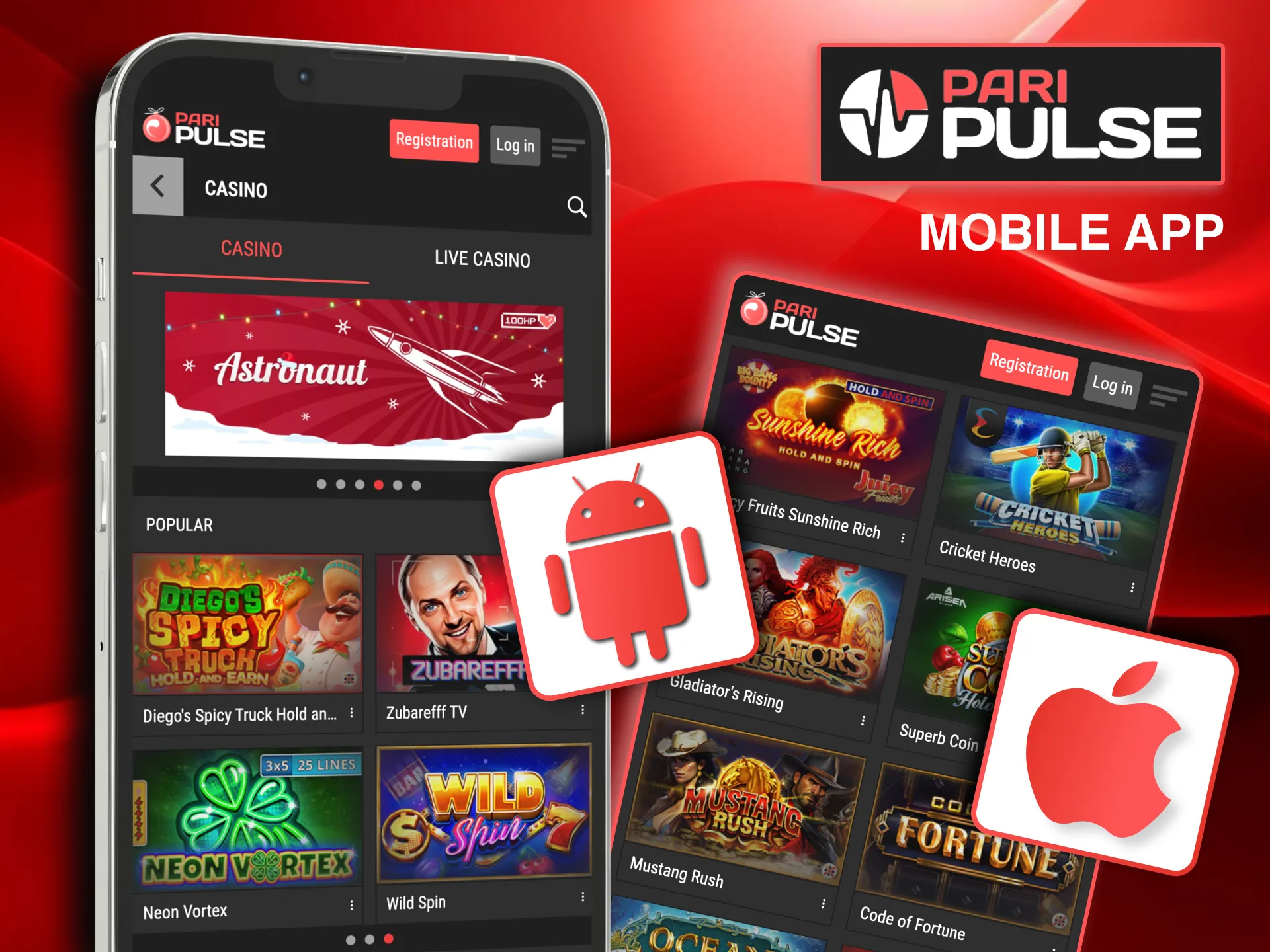 Paripulse app view displaying balance in top-right corner and pop-up win notifications.