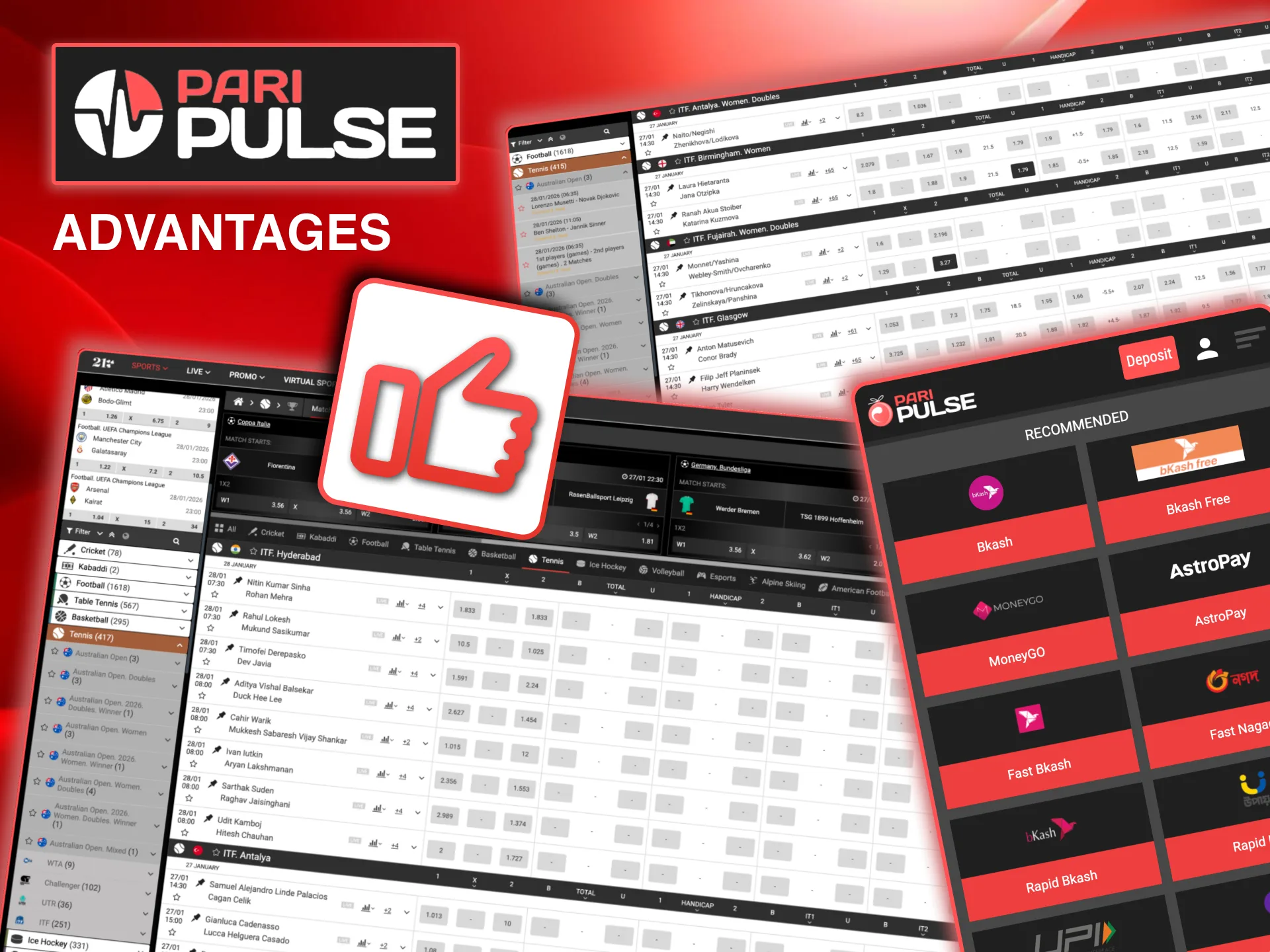 Paripulse tennis betting page featuring set betting, handicaps, and total games markets.