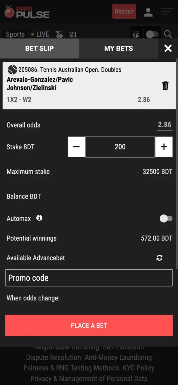 Paripulse confirmation screen showing stake details and option to submit bet.
