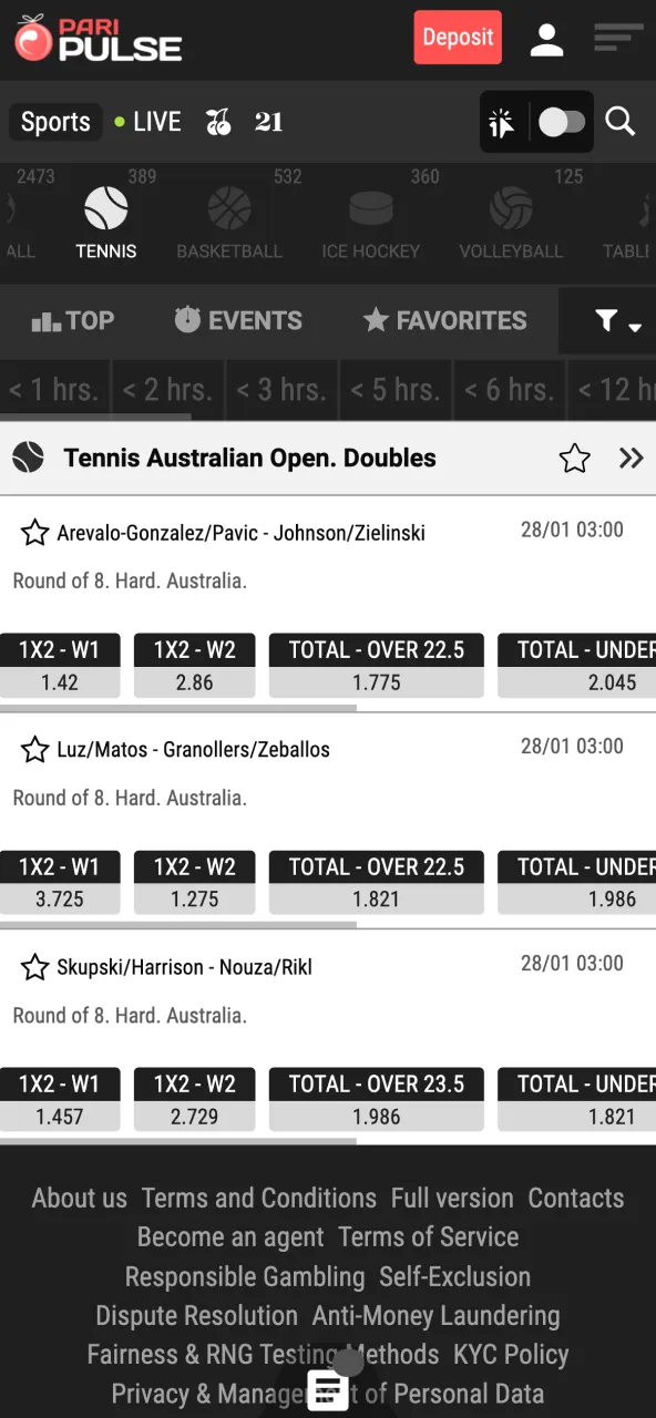 Betting page on Paripulse guiding users to select a tennis event and review odds.