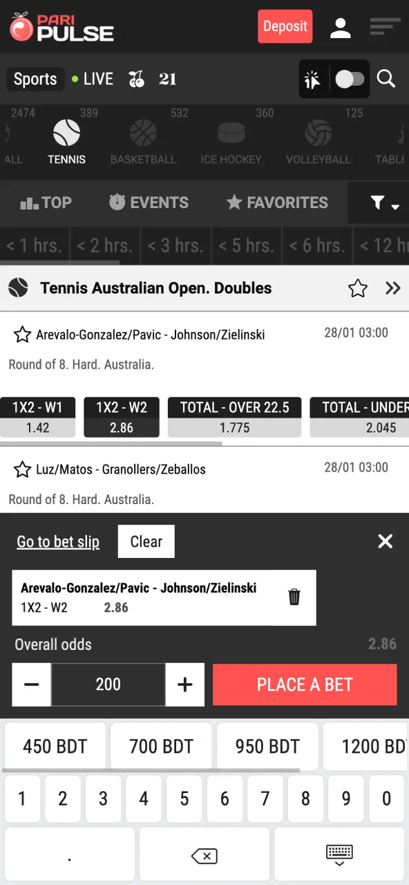 Paripulse betting screen showing tennis match odds ready to be selected.