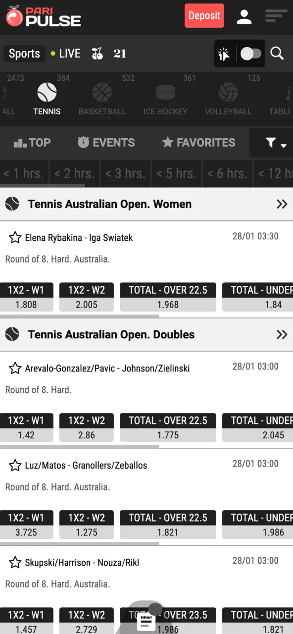 Sports section interface on Paripulse highlighting Tennis option in the menu.