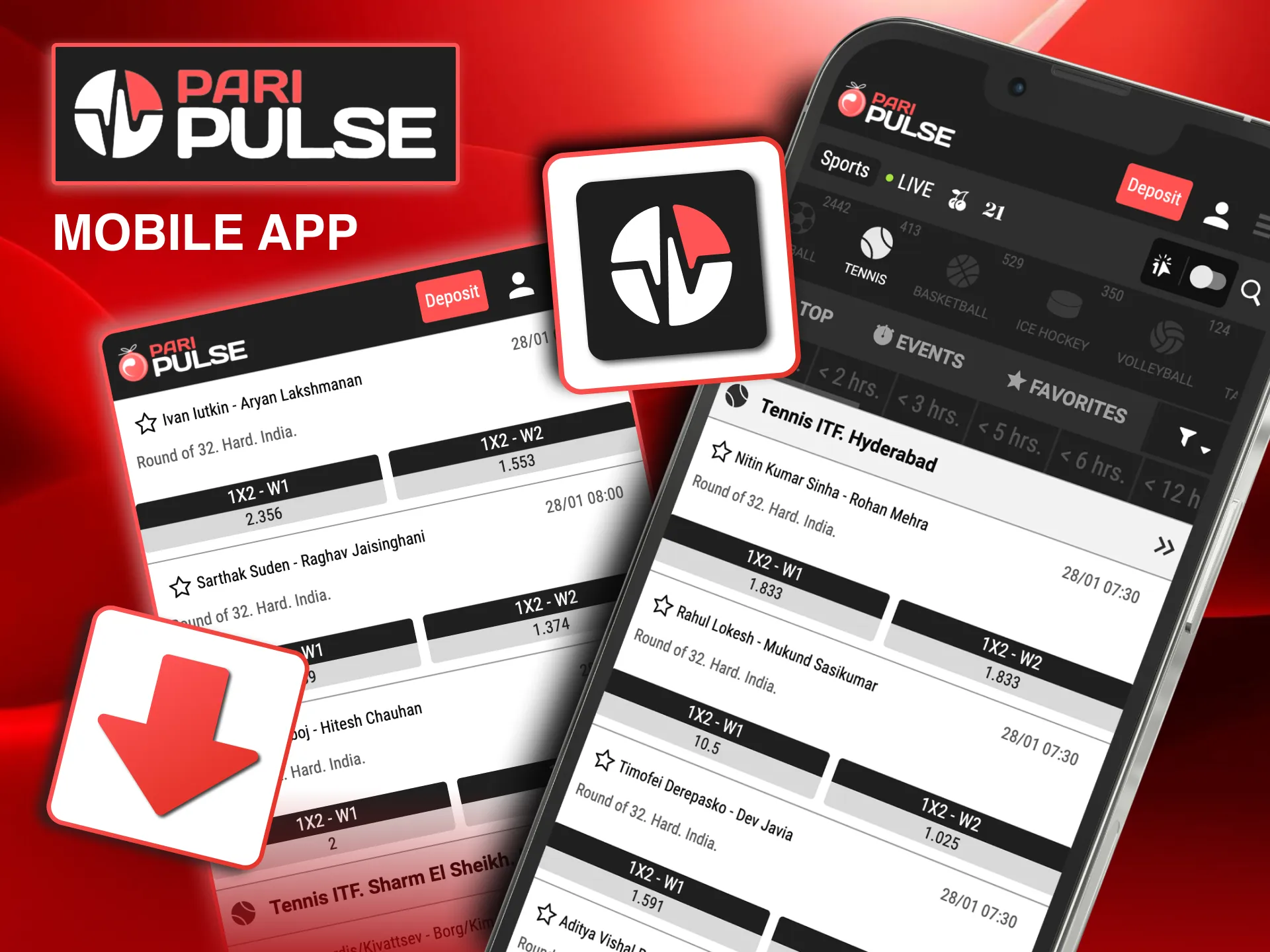 Mobile app screen on Paripulse with portrait and landscape modes for tennis betting.