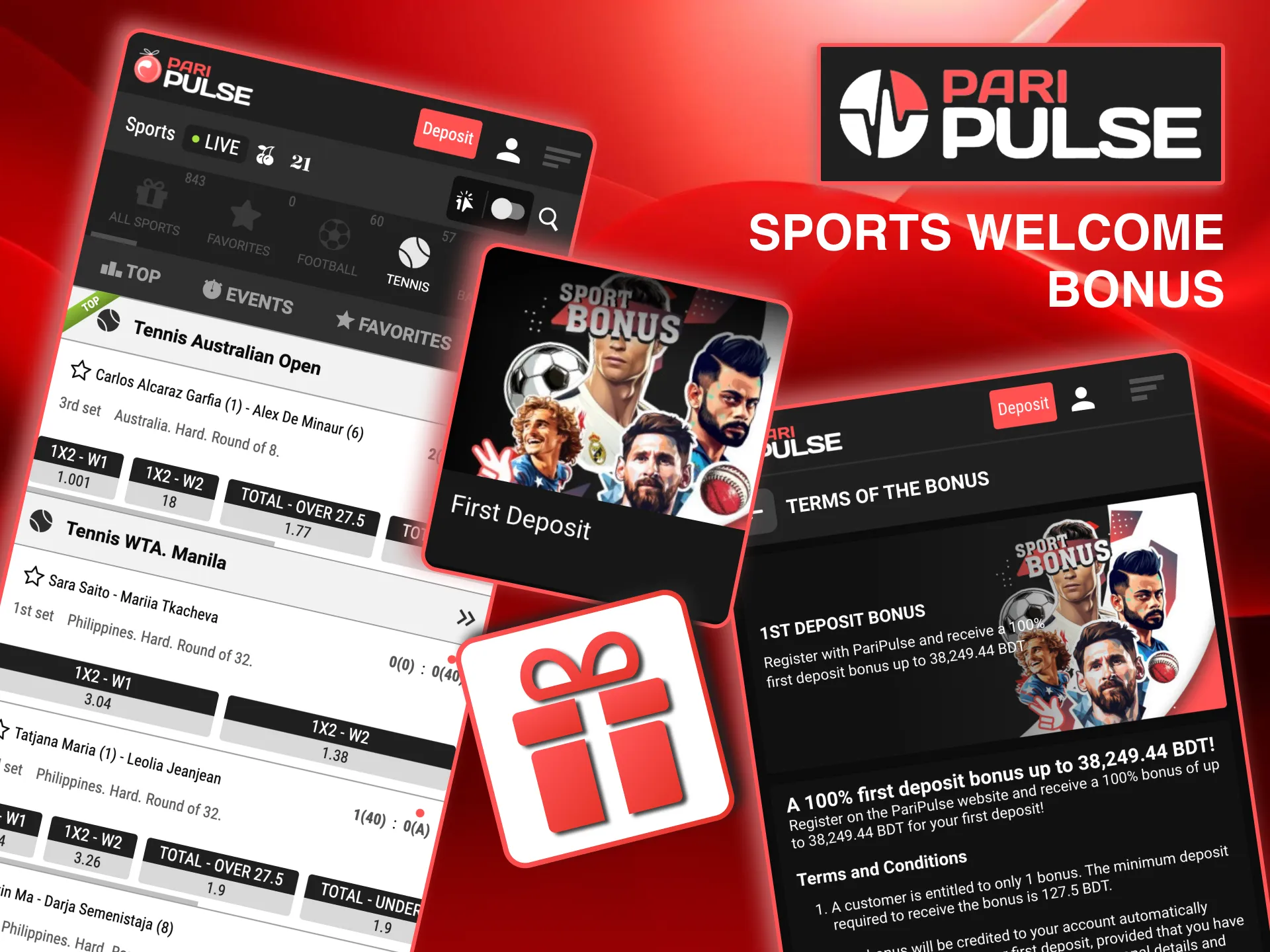 Paripulse promotions screen showing 100% sports welcome bonus up to 37,958 BDT for new users.